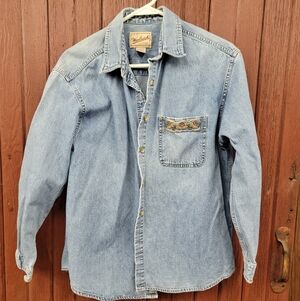 Woolrich Womens Blue Floral Embroidered Button Up Long Sleeve Denim Shirt Medium